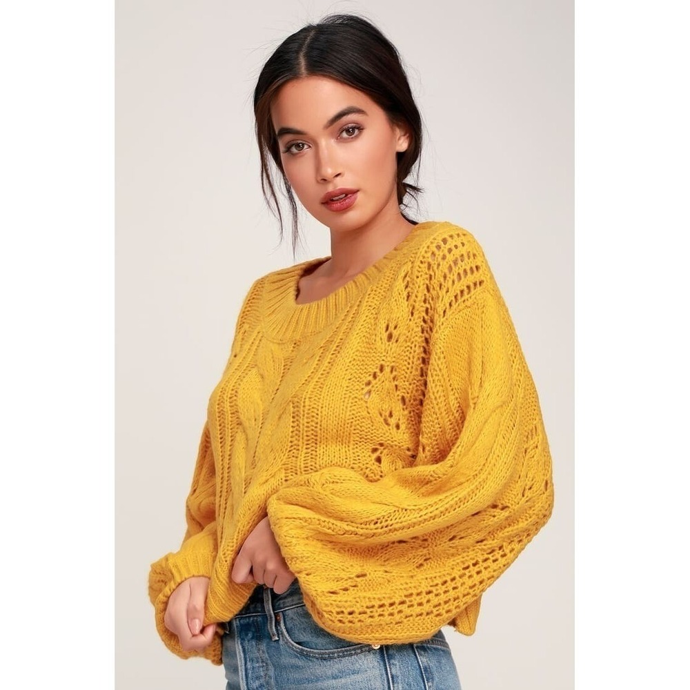 Lulus Womens Alden Mustard‎ Yellow Cropped Balloon Sleeve Knit Sweater Size M